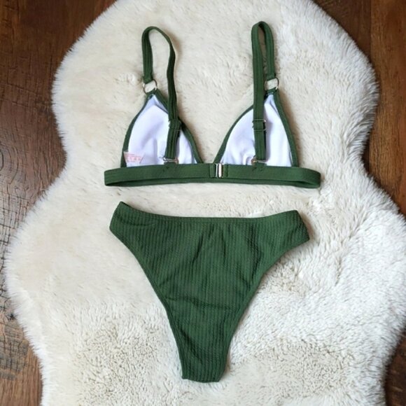 New Ribbed Triangle Bralette High Waist Bikini Set - Picture 6 of 7